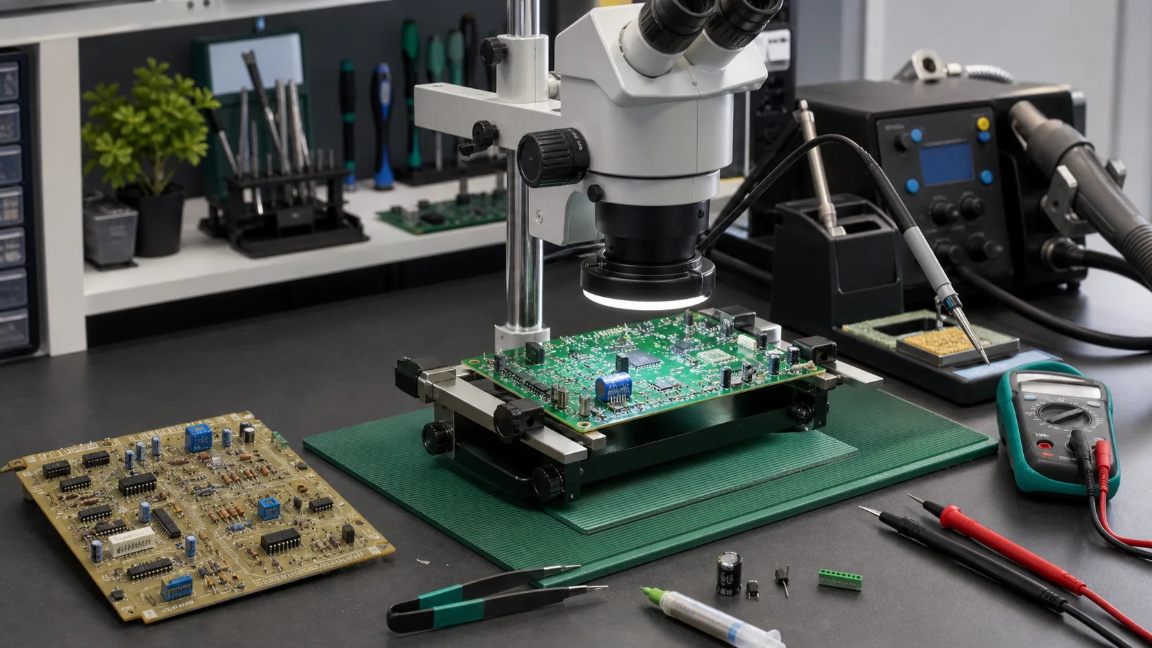 Arbeitsplatz für die Reparatur elektronischer Platinen mit Mikroskop, Lötstation und Messgerät