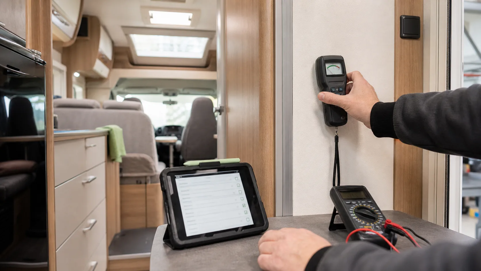 Feuchtigkeitsmessung und technischer Verkaufscheck im Innenraum eines Wohnmobils